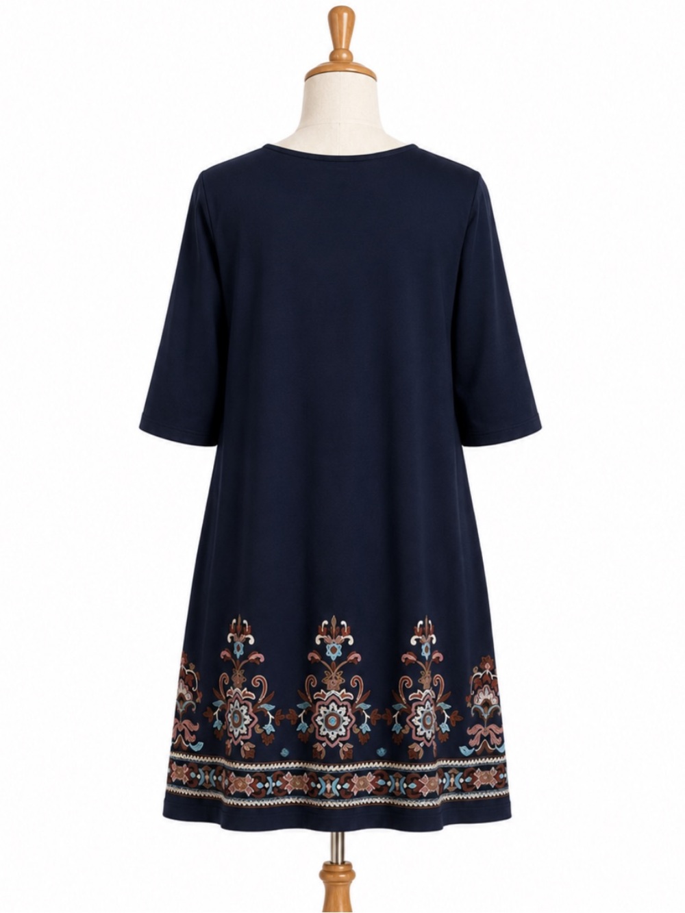 J. Jill Navy Embroidered Shift Dress Boho Floral Hem 3/4 Sleeve - Picture 3 of 7